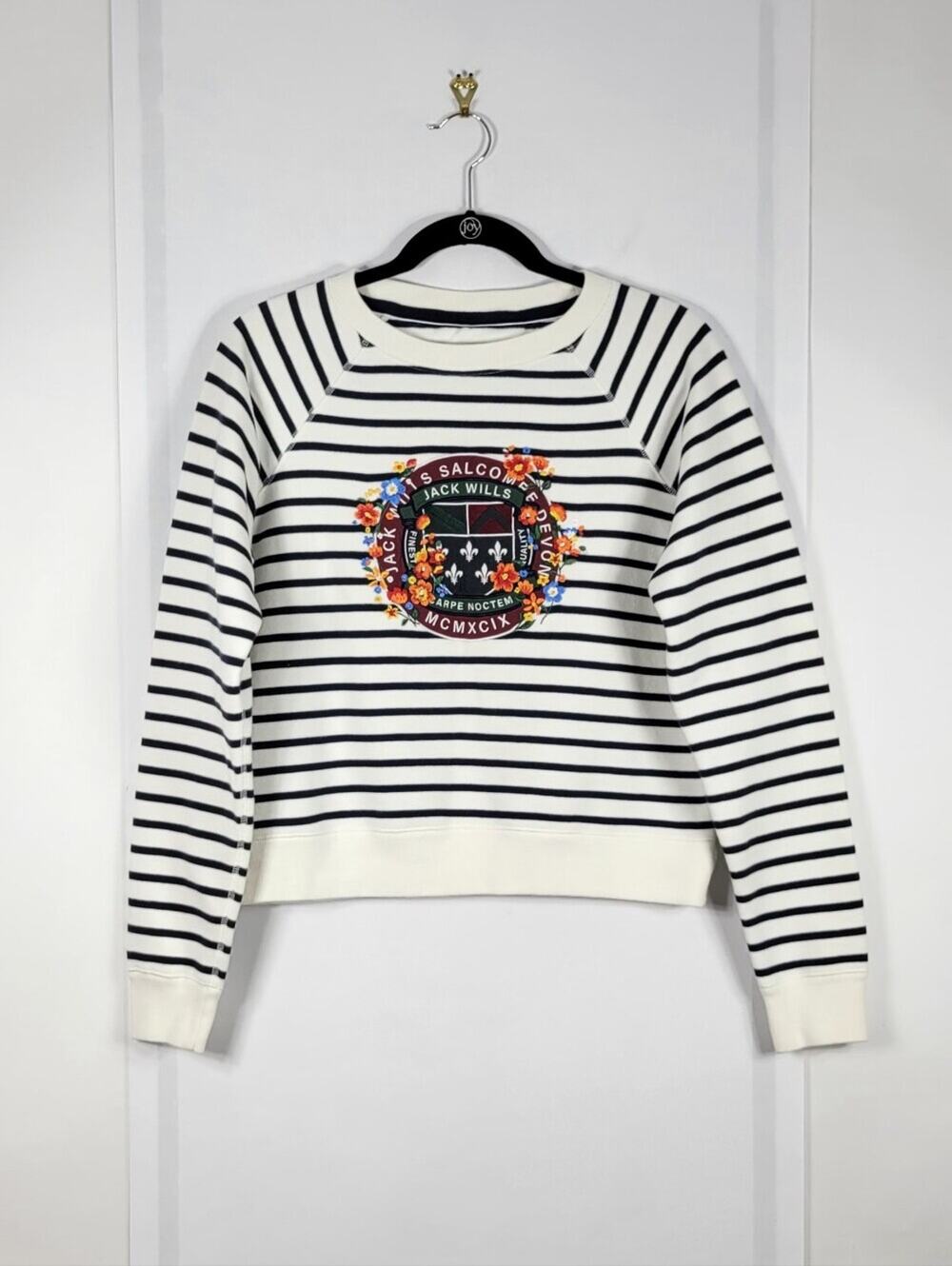 Jack Wills Women's White & Navy Striped Embroidered Crewneck Sweatshirt #847